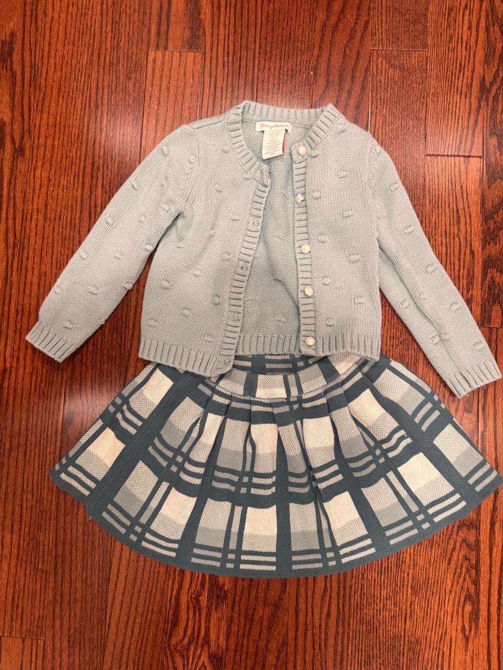 Tommy Bahama Light Sage Green Knit Cardigan with Blue & Cream Plaid Skirt